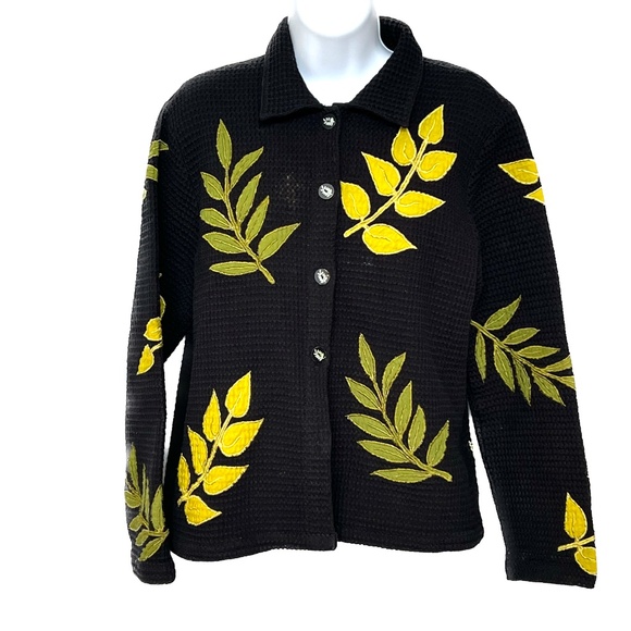 Asian Creations Jacket Floral Appliqued Leaves Vintage Black Green 100% Cotton S - Picture 1 of 7